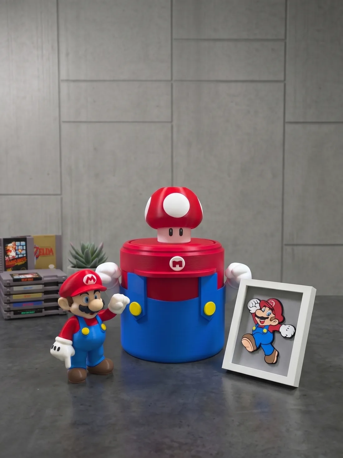 Mario-themed 3D-printed collection — character box, mushroom topper and framed wall art
