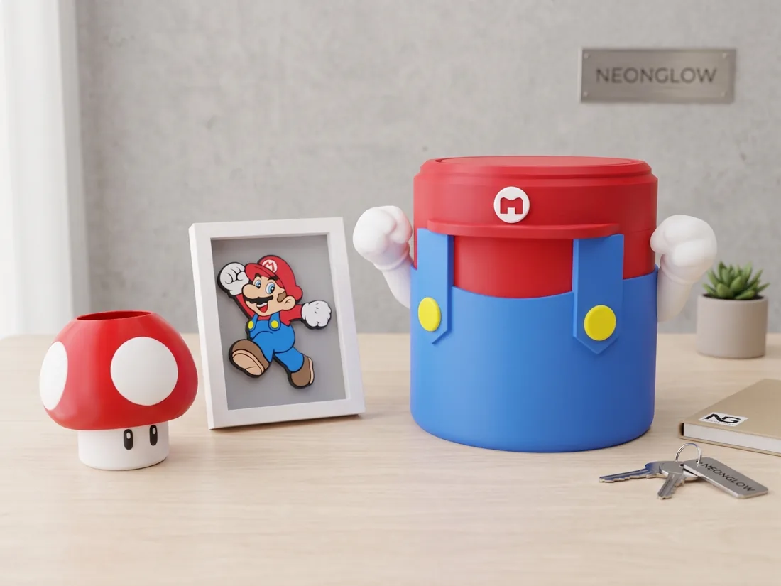 Mario-themed 3D-printed desk set — character box, mushroom pen holder and framed wall art