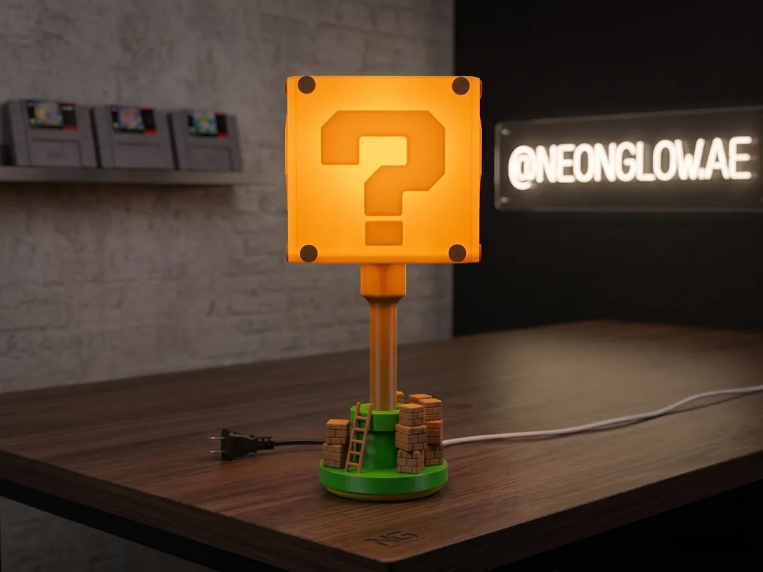 Question block 3D-printed lamp with brick base and warm LED glow
