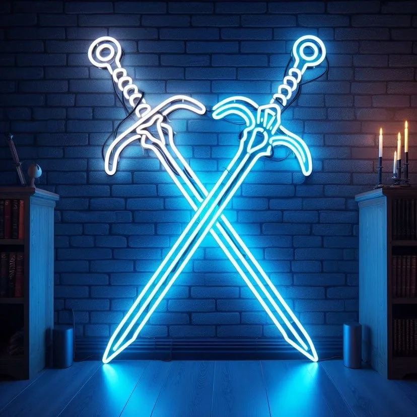 Blue crossed swords LED neon sign on a brick wall