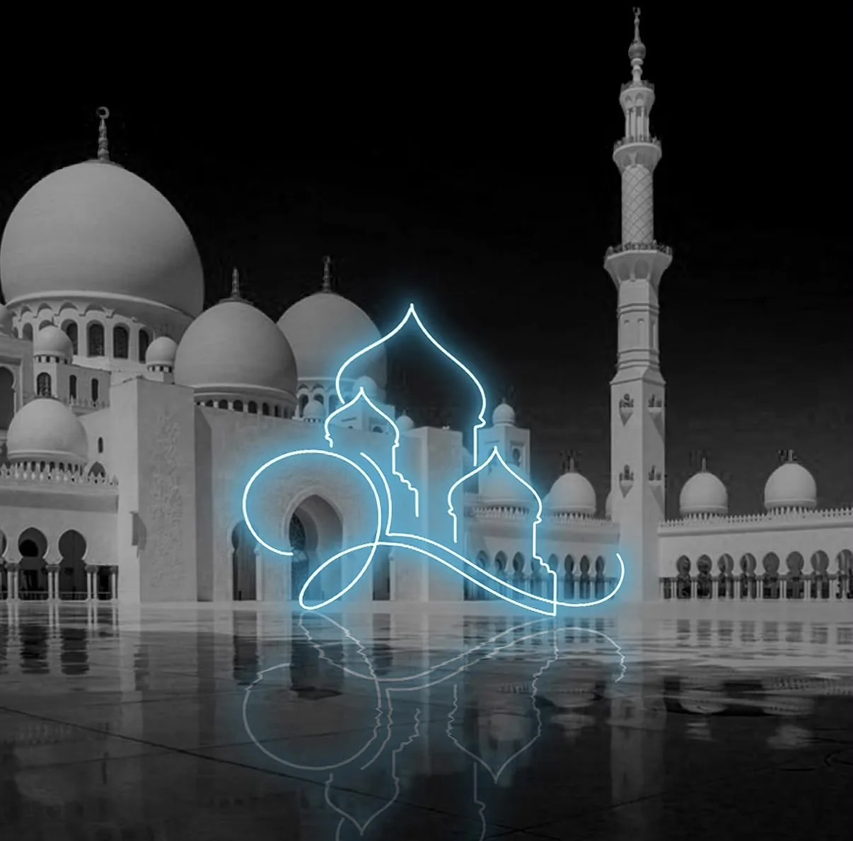 Neon outline of a mosque glowing in front of Sheikh Zayed Grand Mosque